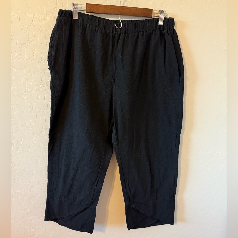 Black Cropped Cotton Linen blend Pants